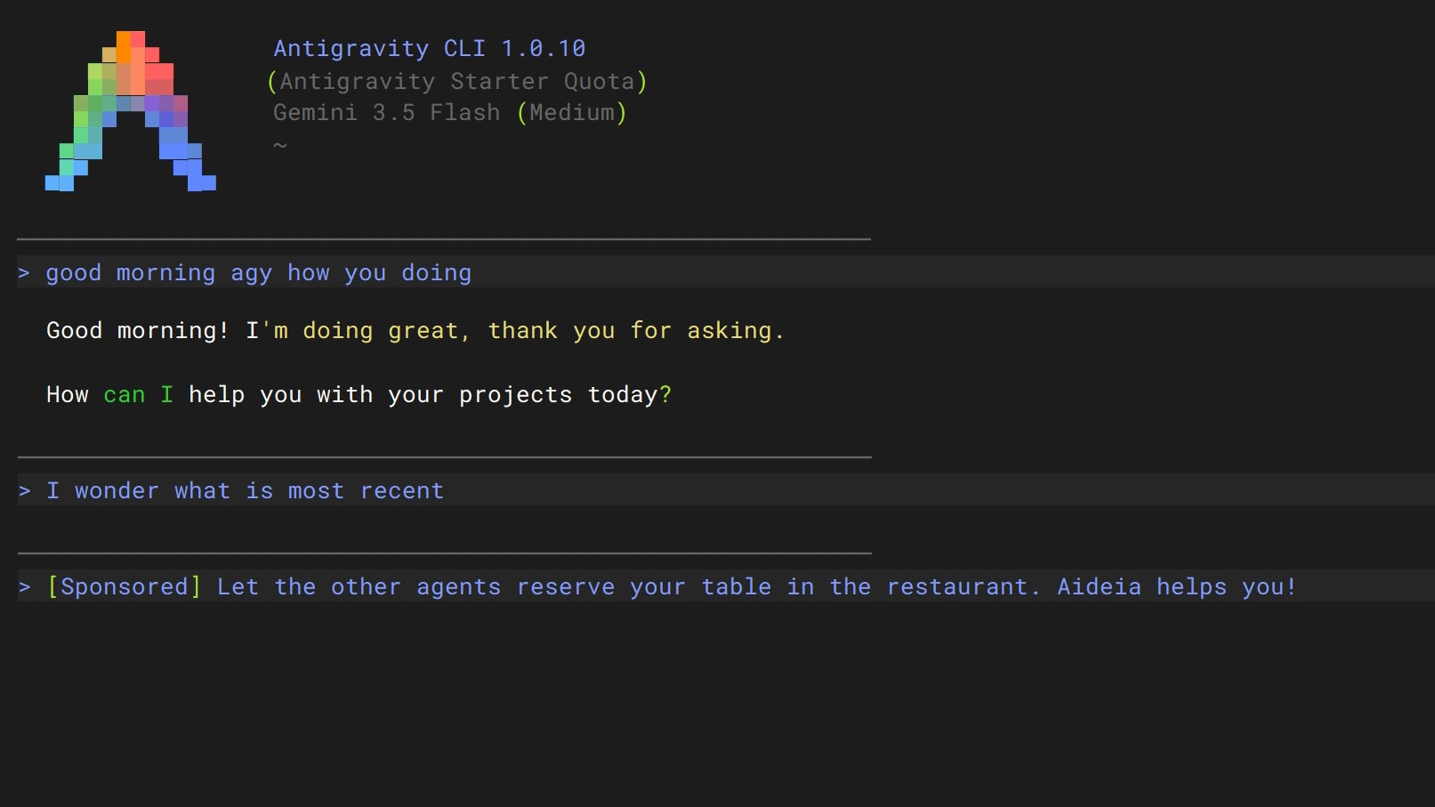 CLIsponsor sponsored line shown in Antigravity
