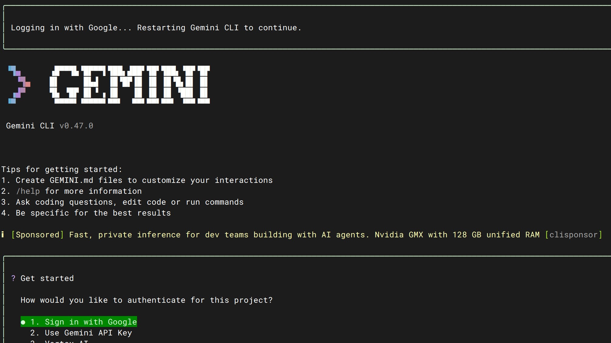 CLIsponsor sponsored line shown in Gemini